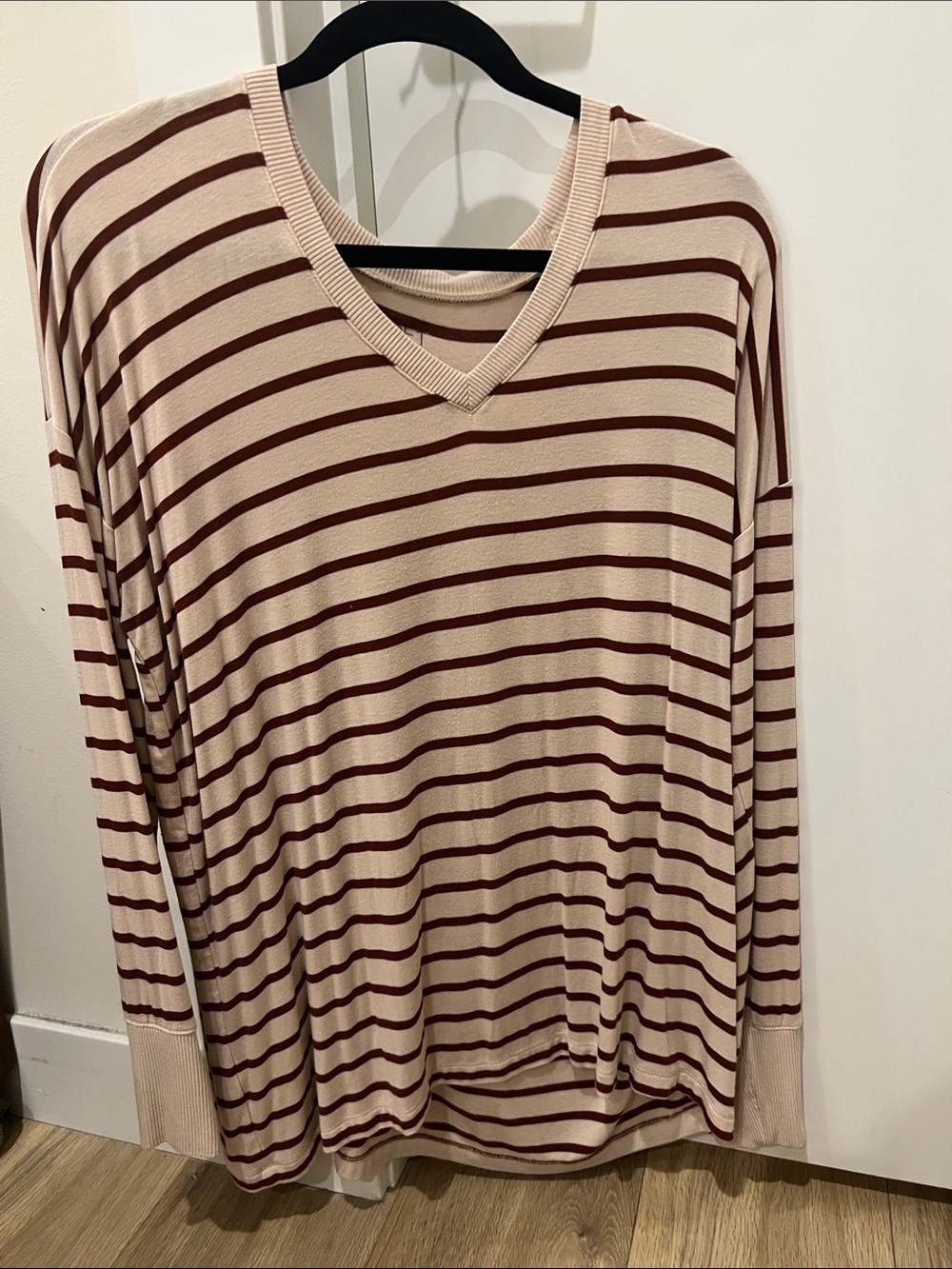 LOFT Cream and Brown Striped V-Neck Long Sleeve Top